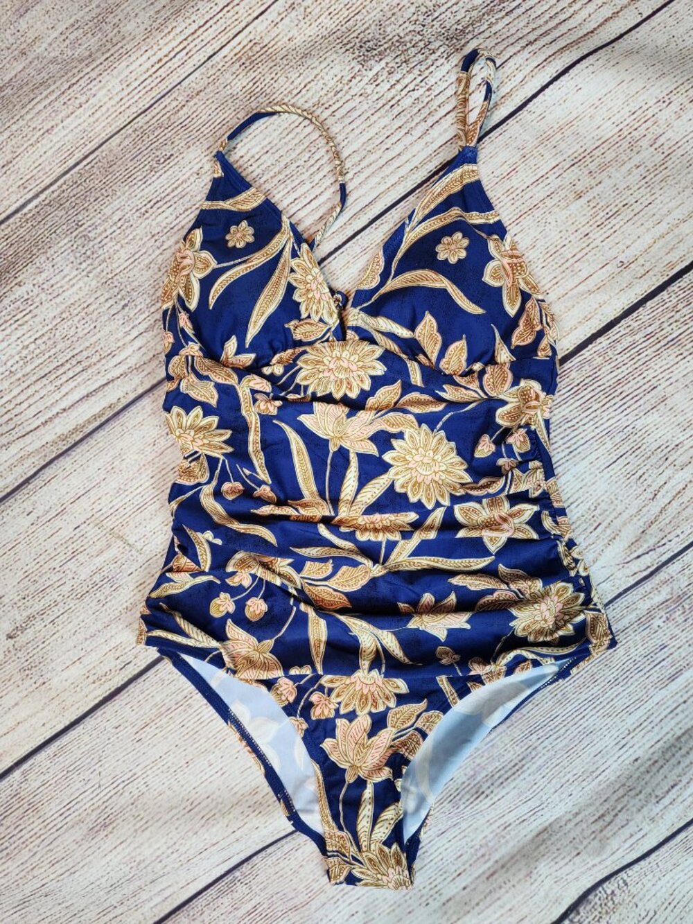 Cupshe Seaside Blossom Paisley One Piece Small Blue Gold Floral V Neck Ruched